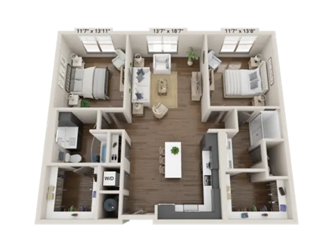 Floor plan for 2 beds, 2 baths, 1224 sqft