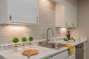 Murfreesboro apartment for rent - A kitchen with white cabinets and a marble countertop.