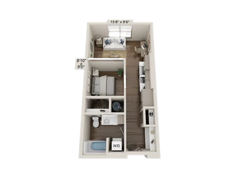 Floor plan for 1 bed, 1 bath, 514 sqft