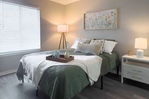San Antonio apartment for rent - A bedroom with a bed, nightstand, and a painting on the wall.
