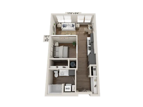 Floor plan for 1 bed, 1 bath, 578 sqft
