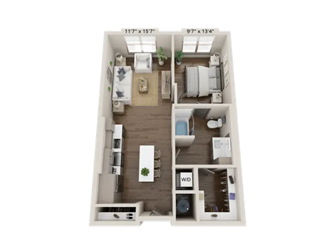 Floor plan for 1 bed, 1 bath, 707 sqft
