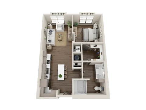 Floor plan for 1 bed, 1 bath, 772 sqft
