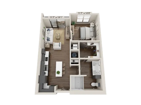 Floor plan for 1 bed, 1 bath, 749 sqft