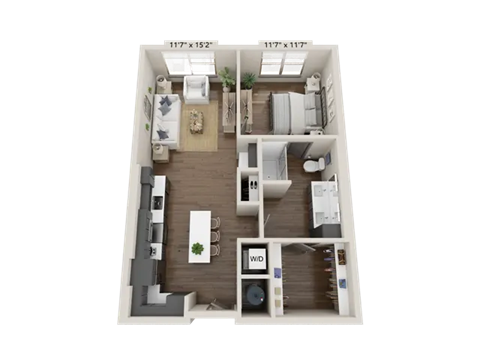 Floor plan for 1 bed, 1 bath, 772 sqft
