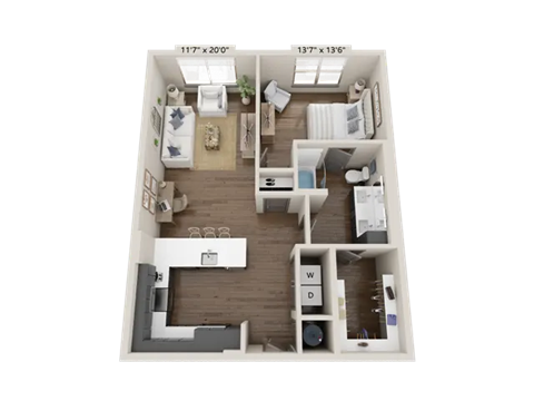 Floor plan for 1 bed, 1 bath, 840 sqft