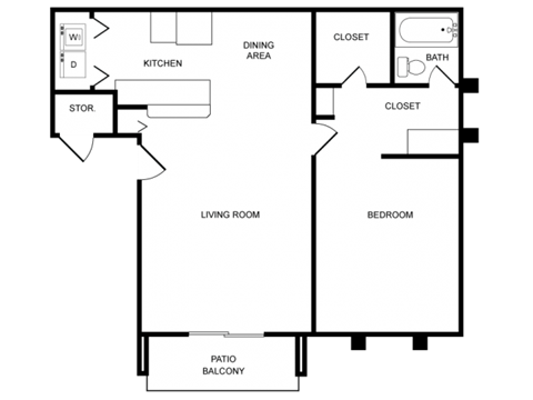Floor plan for 1 bed, 1 bath, 750 sqft