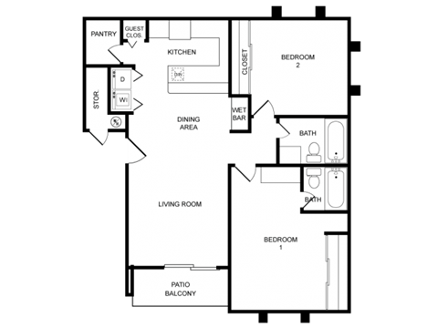 Floor plan for 2 beds, 2 baths, 960 sqft