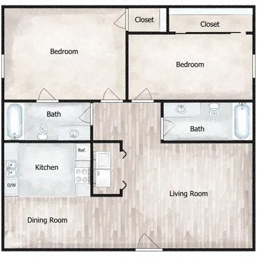 Floor plan for 2 beds, 2 baths, 943 sqft