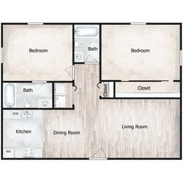 Floor plan for 2 beds, 2 baths, 884 sqft