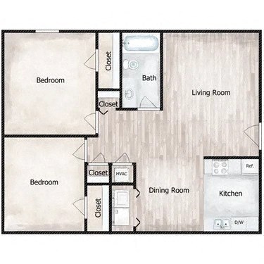 Floor plan for 2 beds, 1 bath, 825 sqft
