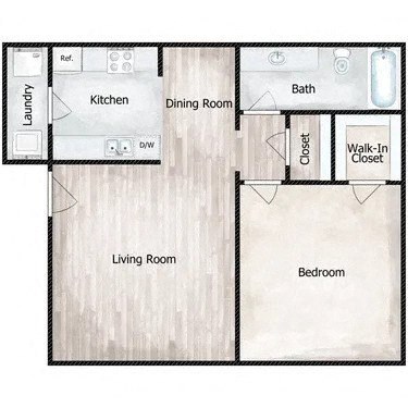 Floor plan for 1 bed, 1 bath, 700 sqft