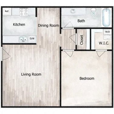 Floor plan for 1 bed, 1 bath, 610 sqft