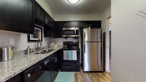 Lexington apartment for rent - A kitchen with black cabinets and a stainless steel refrigerator.