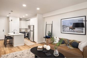 Lone Tree apartment for rent - A modern kitchen with a dining table and a couch in the living room.