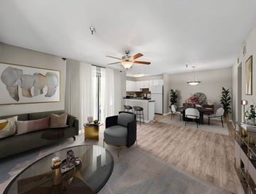 Temple Terrace apartment for rent - A modern living room with a glass coffee table and a grey sofa.