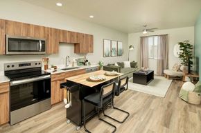 Tucson apartment for rent - A modern kitchen with a wooden cabinet and a black stove top oven.