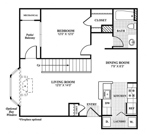 Floor plan for 1 bed, 1 bath, 778 sqft