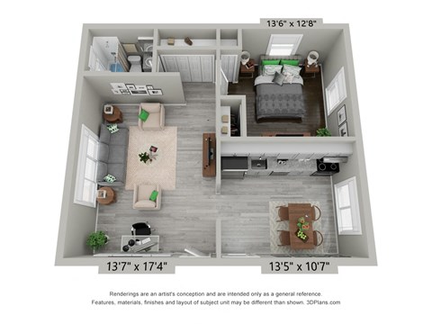 Floor plan for 1 bed, 1 bath, 720 sqft