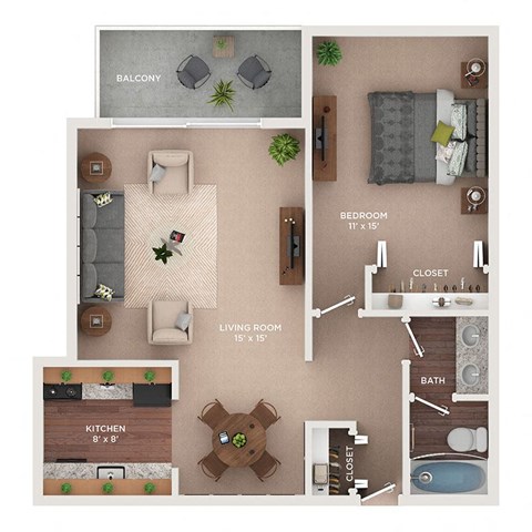 Floor plan for 1 bed, 1 bath, 705 sqft