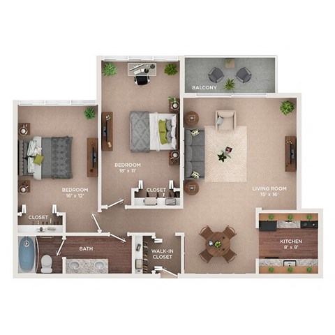Floor plan for 2 beds, 1 bath, 1114 sqft