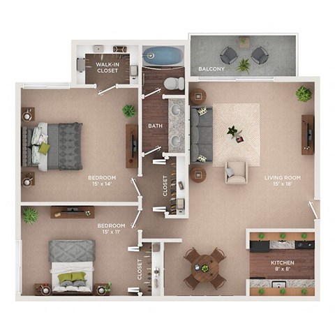 Floor plan for 2 beds, 1 bath, 1126 sqft
