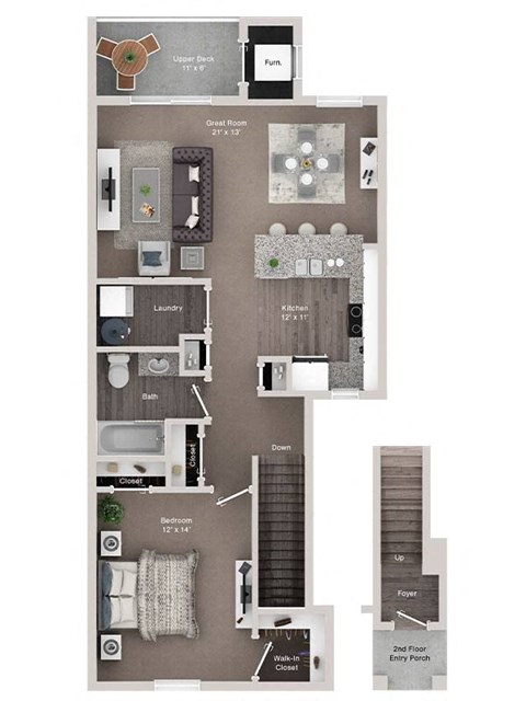 Floor plan for 1 bed, 1 bath, 890 sqft