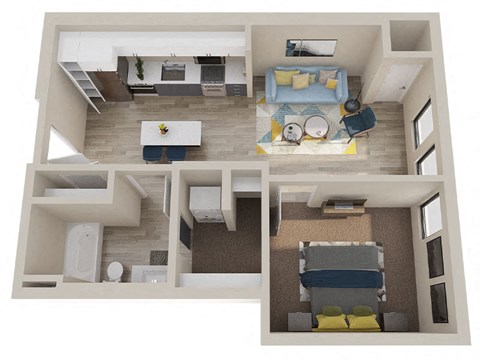 Floor plan for 1 bed, 1 bath, 671 sqft