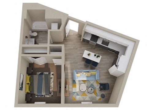 Floor plan for 1 bed, 1 bath, 618 sqft