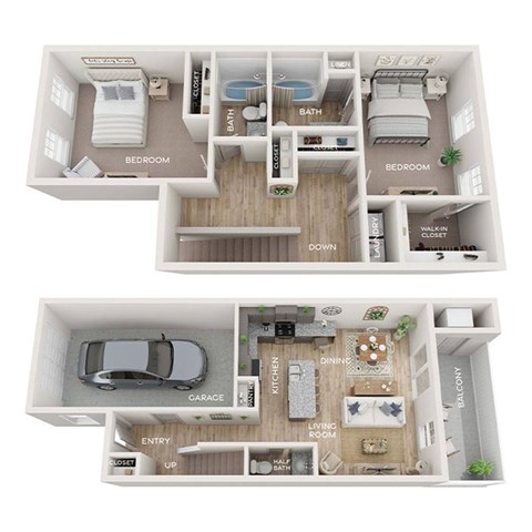 Floor plan for 2 beds, 2.5 baths, 1277 sqft