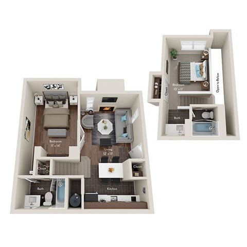 Floor plan for 2 beds, 2 baths, 840 sqft