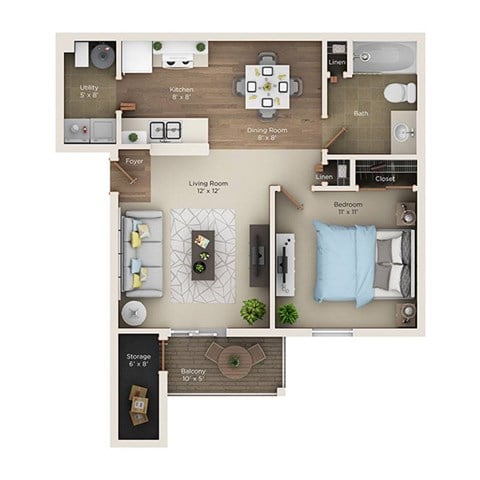 Floor plan for 1 bed, 1 bath, 640 sqft