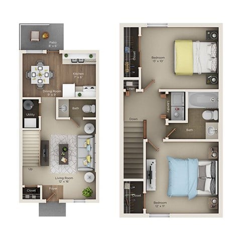 Floor plan for 2 beds, 1.5 baths, 960 sqft