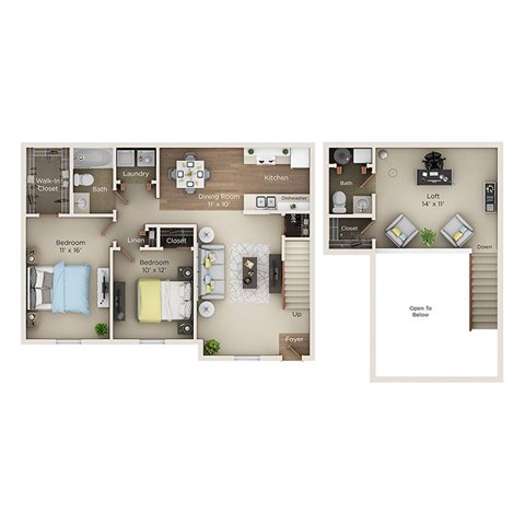 Floor plan for 2 beds, 1.5 baths, 1182 sqft