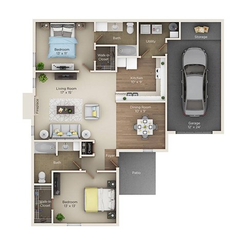 Floor plan for 2 beds, 2 baths, 1080 sqft