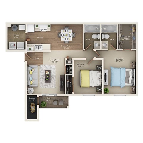 Floor plan for 2 beds, 2 baths, 918 sqft