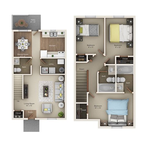 Floor plan for 3 beds, 2.5 baths, 1130 sqft