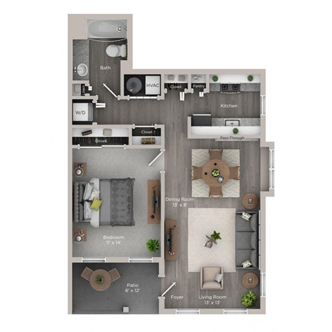 Floor plan for 1 bed, 1 bath, 700 sqft