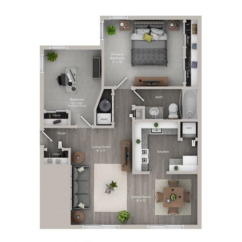 Floor plan for 1 bed, 1 bath, 845 sqft