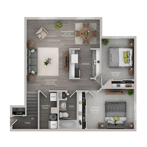 Floor plan for 2 beds, 1 bath, 950 sqft
