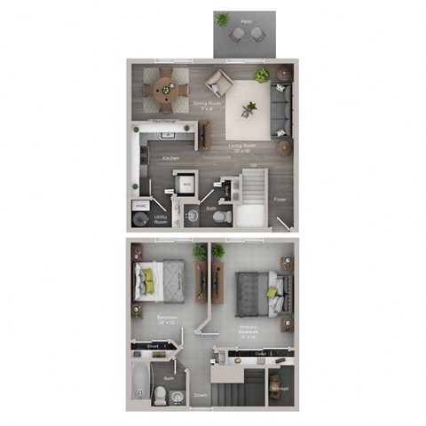 Floor plan for 2 beds, 1.5 baths, 1000 sqft