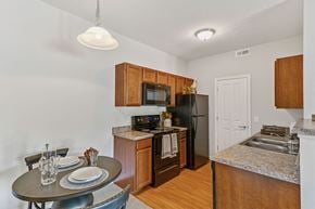 Westerville apartment for rent - A kitchen with a black refrigerator and wooden cabinets.