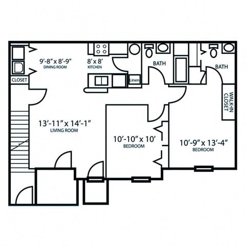 Floor plan for 2 beds, 2 baths, 1051 sqft