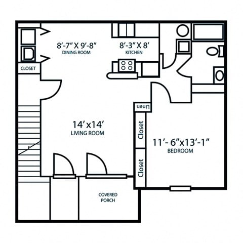 Floor plan for 1 bed, 1 bath, 815 sqft