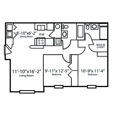 Floor plan for 2 beds, 2 baths, 951 sqft