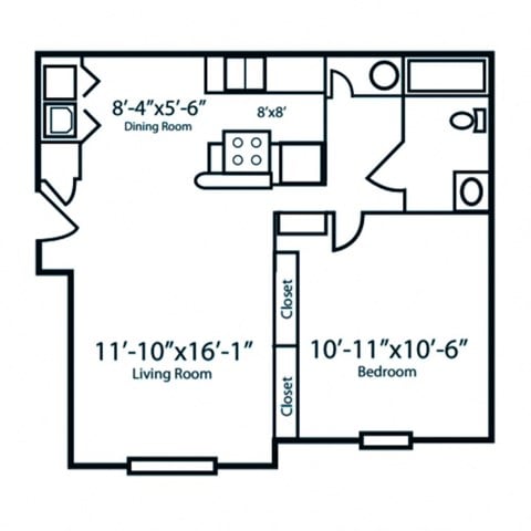 Floor plan for 1 bed, 1 bath, 695 sqft