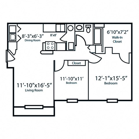Floor plan for 2 beds, 1 bath, 951 sqft