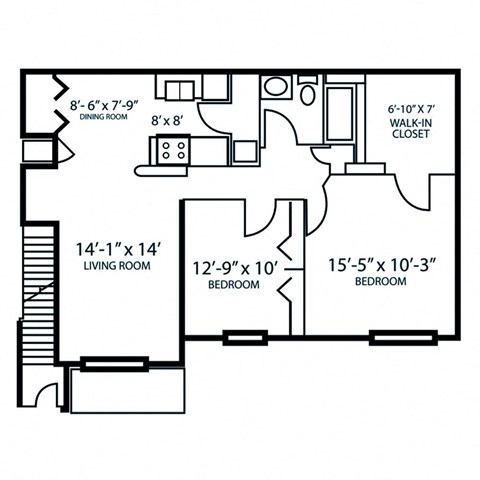 Floor plan for 2 beds, 1 bath, 1051 sqft