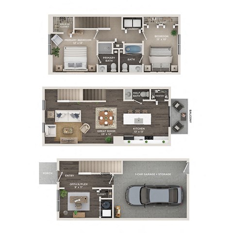 Floor plan for 2 beds, 2.5 baths, 1303 sqft