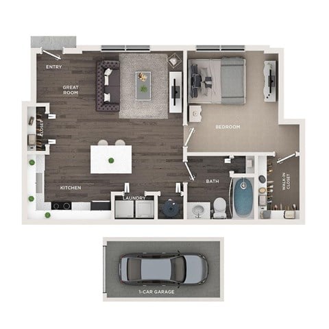 Floor plan for 1 bed, 1 bath, 629 sqft